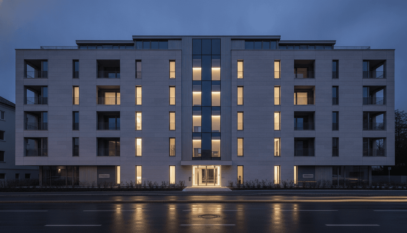 Beleuchtetes Wohnhaus aus einem Projekt von VITIJA in der Abenddämmerung